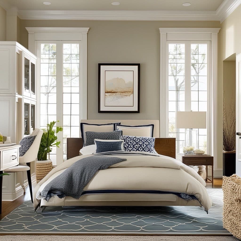 Transitional living room blending classic rolled-arm upholstery with clean modern furniture lines