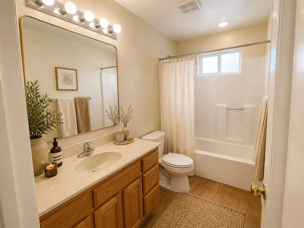 The same bathroom redesigned in the free Warm Minimalist style, with the same window, tub alcove and layout