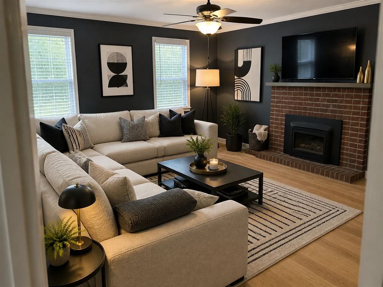 AI render of the same family living room in the Modern Studio style, keeping its walls and windows