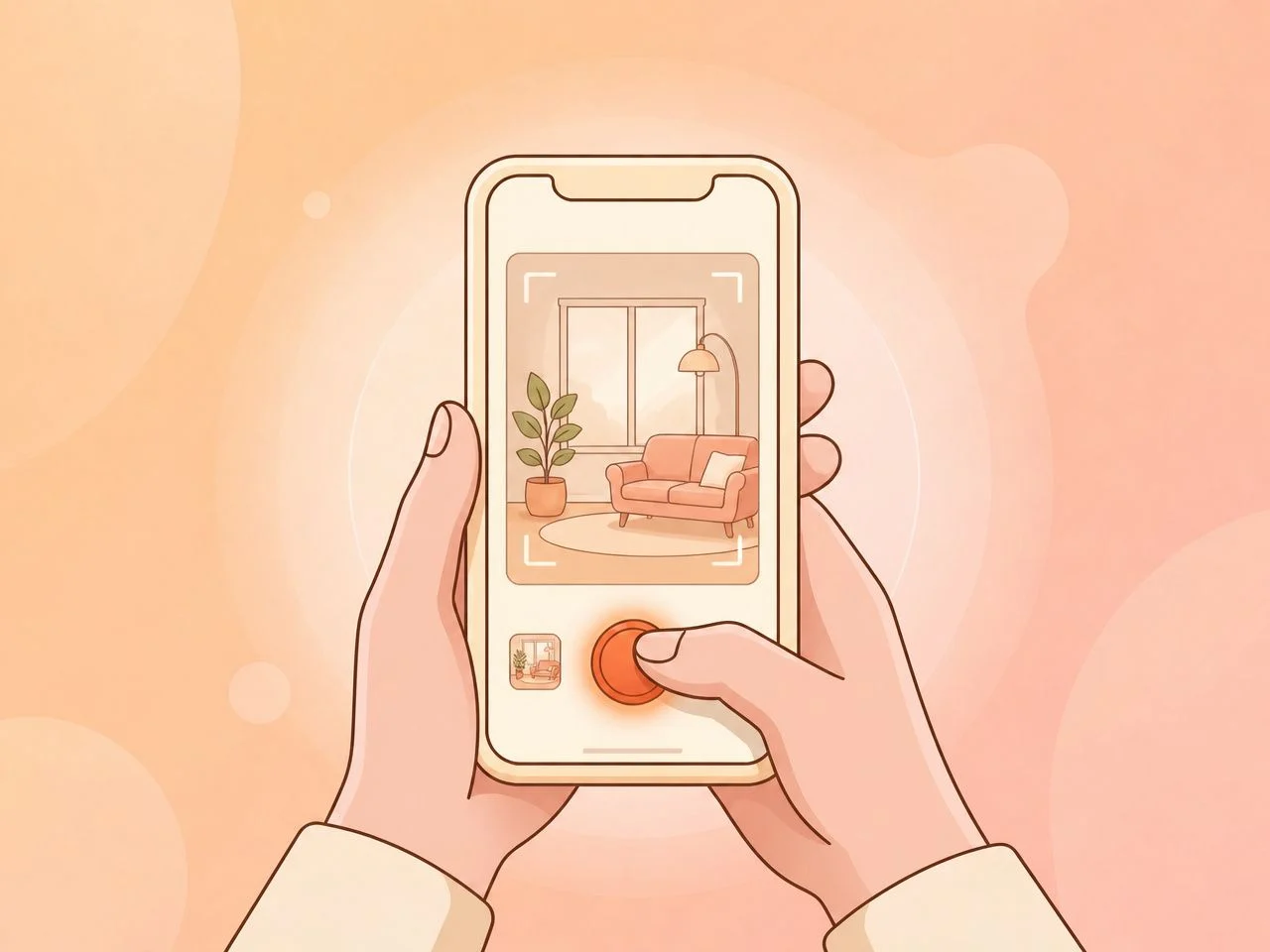 Step 1: hands holding a phone and taking a photo of a living room