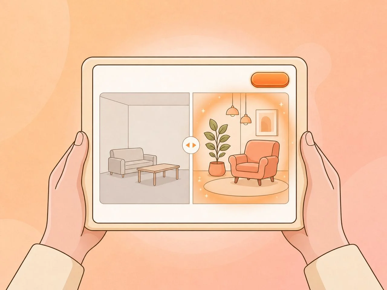 Step 3: a tablet showing the same room before and after the AI redesign