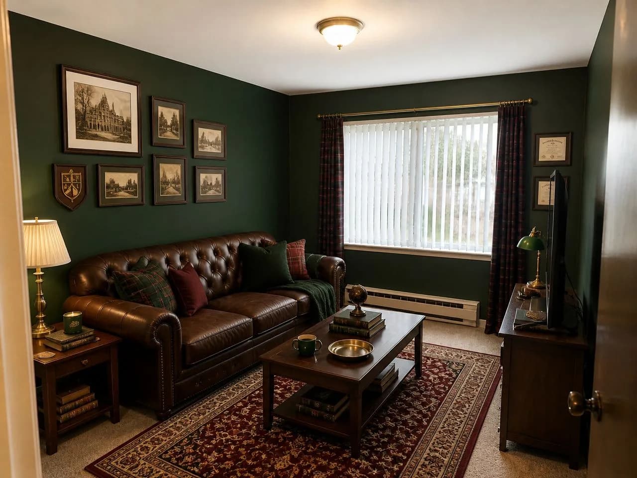 A living room in Dark Academia style