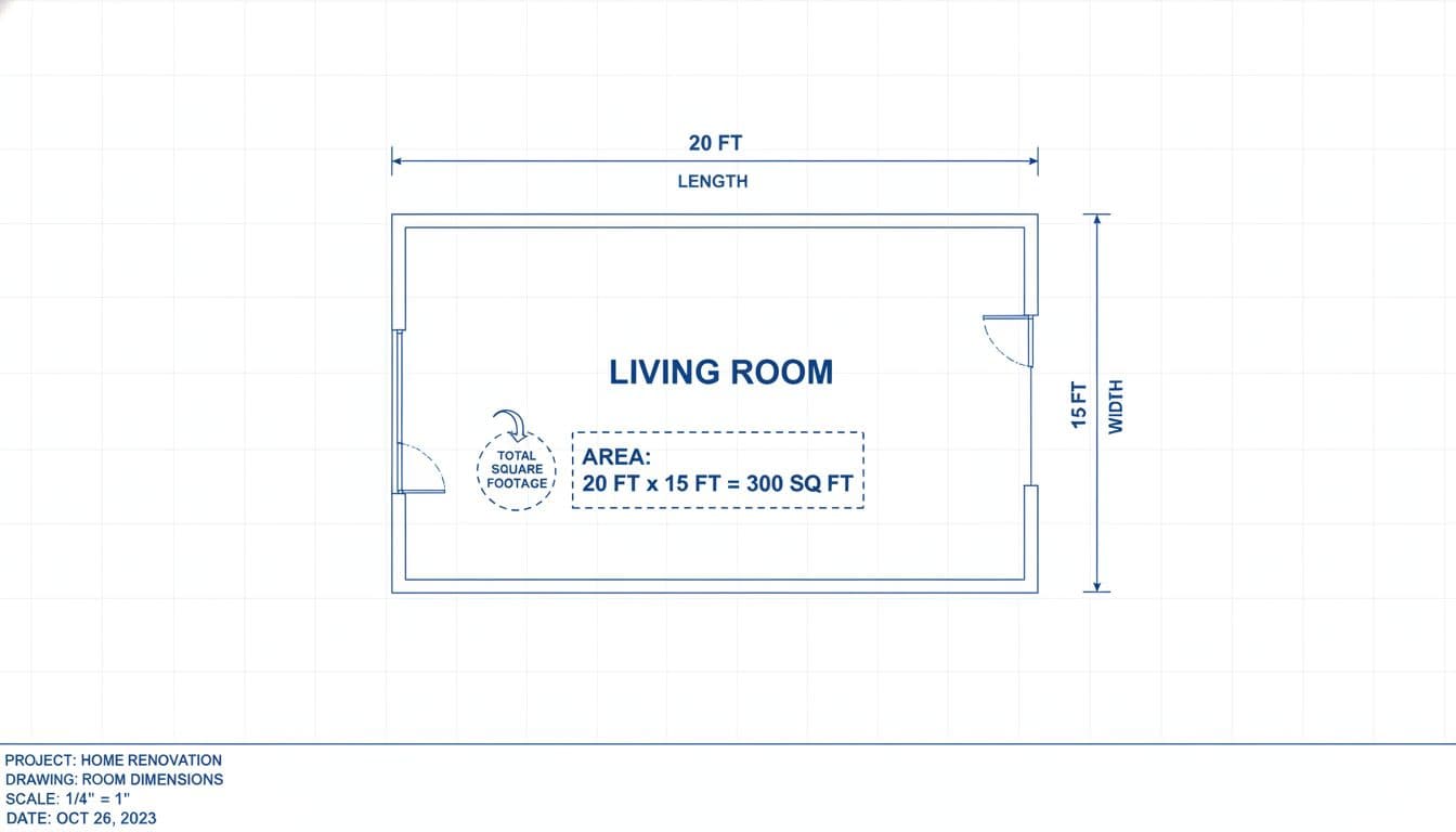 Floor plan diagram showing how the Decoratly room size calculator measures square footage for irregular and L-shaped rooms