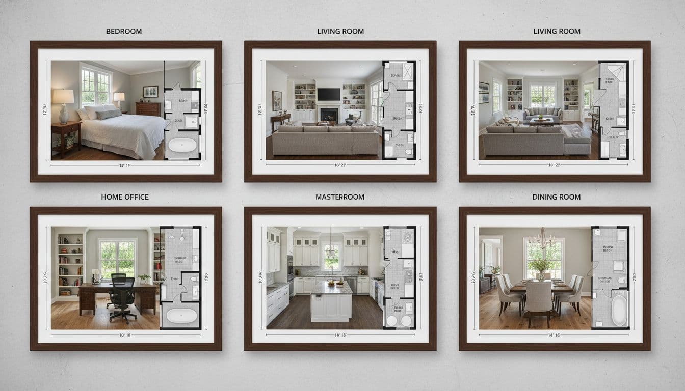 Side-by-side comparison chart of average US room sizes including bedroom, living room, kitchen, bathroom and dining room dimensions in square feet