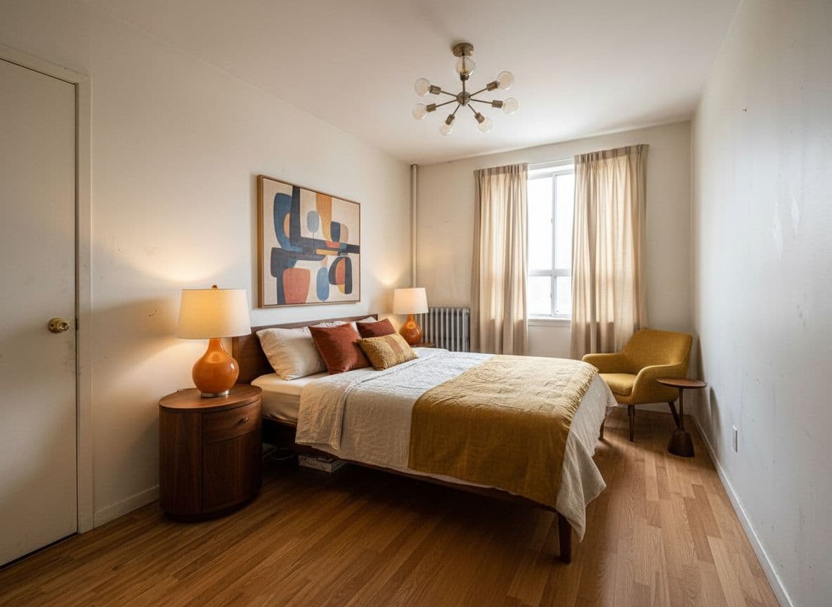 Mid‑Century Modern bedroom — AI redesign by Decoratly