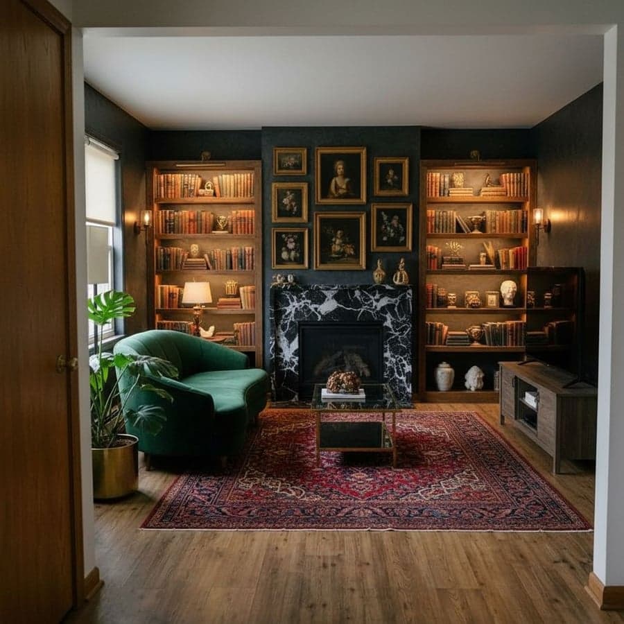 Dark Luxe living room - AI redesign by Decoratly