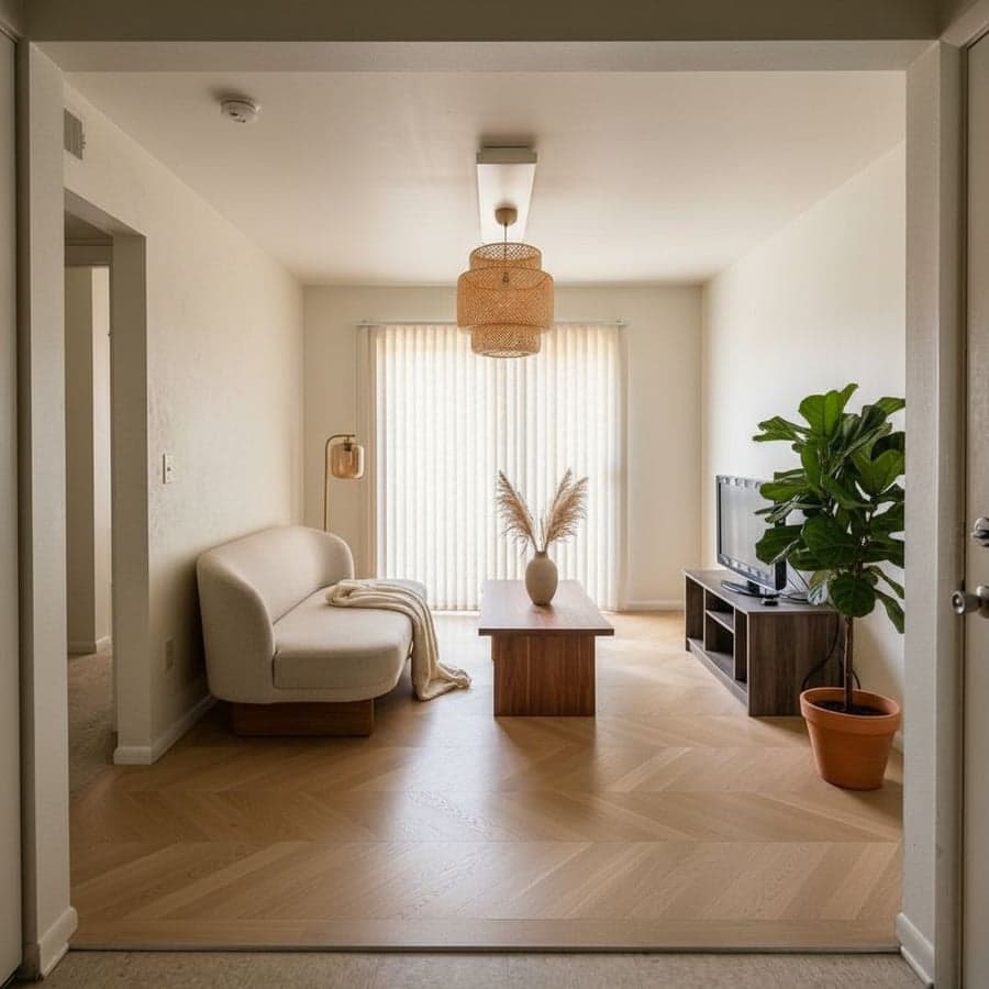 Warm Japandi living room - AI redesign by Decoratly