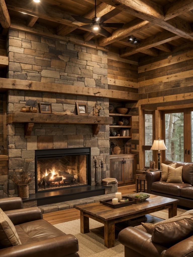 image of a rustic living room with a strone and wood