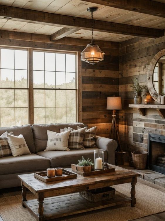 image of a rustic living room with a warm colors