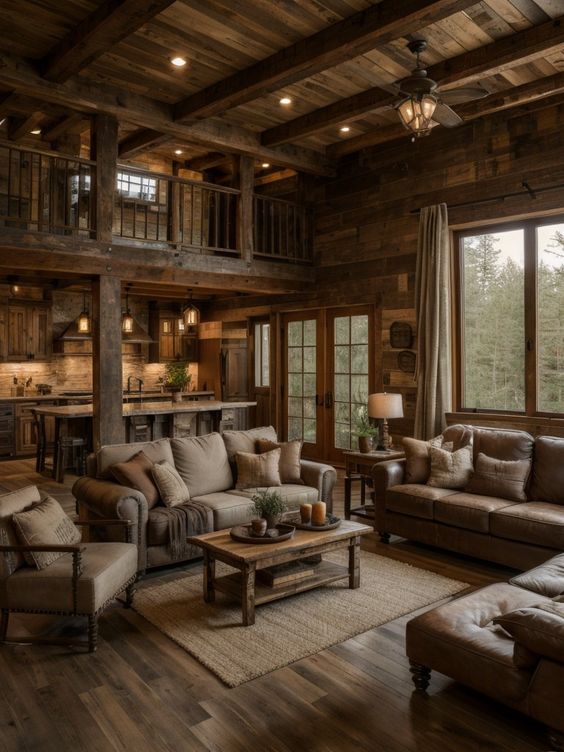 image of a rustic living room with a functional layout and lighting