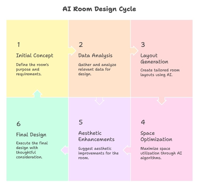 Step-by-step AI room design process visualization