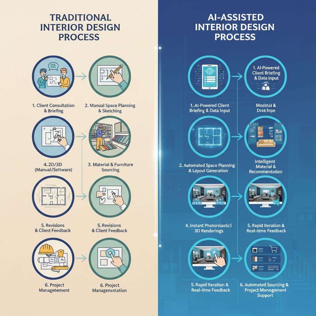 Side-by-side comparison of AI and traditional interior design processes
