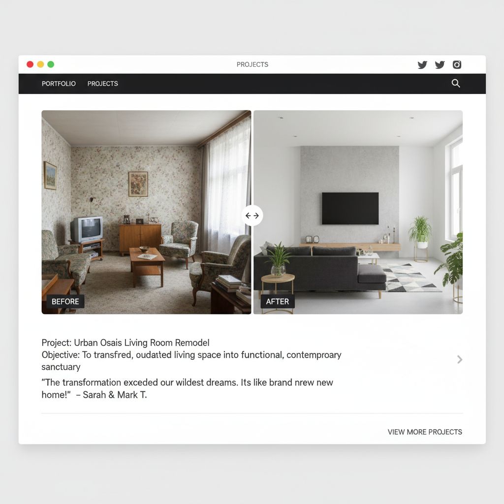 Before and after room transformation showcase on website