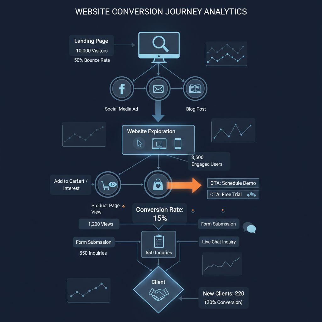 Website conversion funnel showing visitor journey from landing to client inquiry