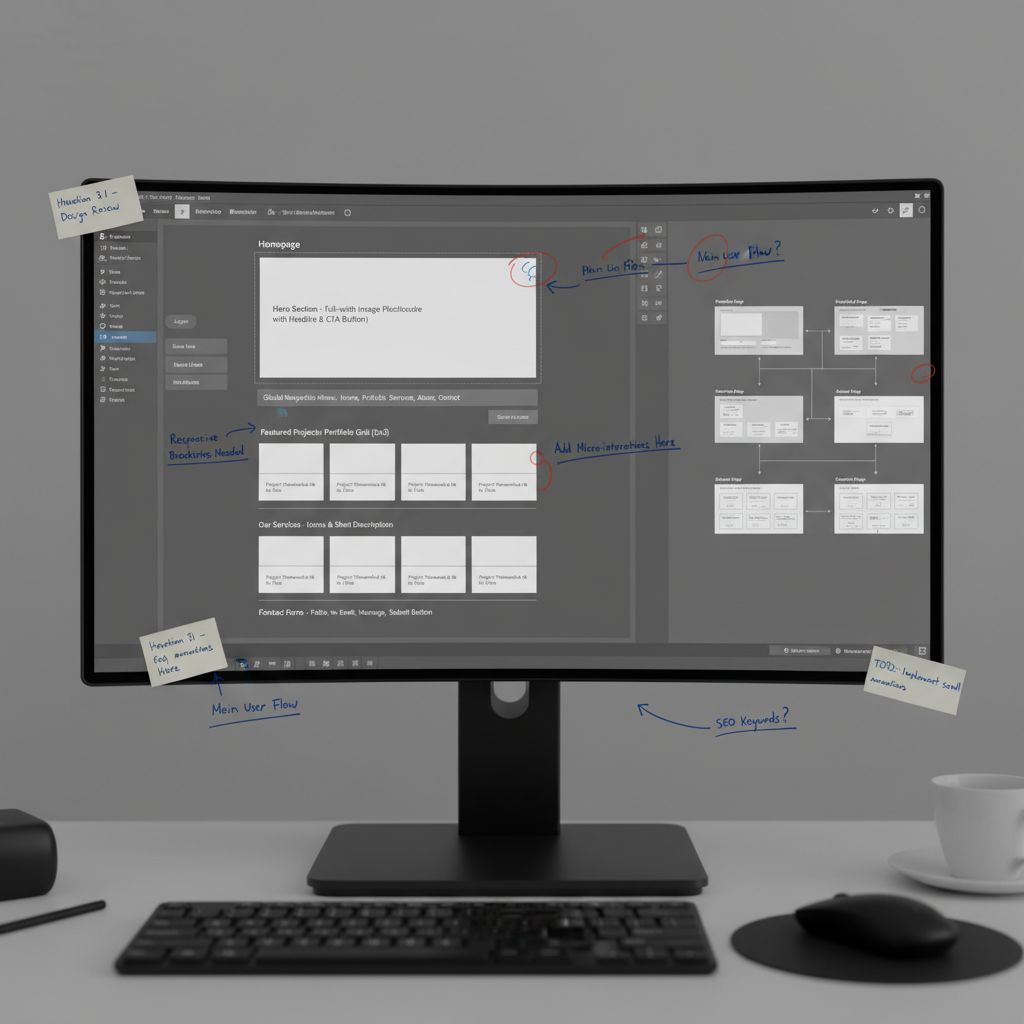 Wireframe mockup showing essential pages and elements of interior design website