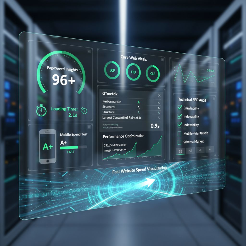 Website performance dashboard showing speed metrics and technical optimization scores