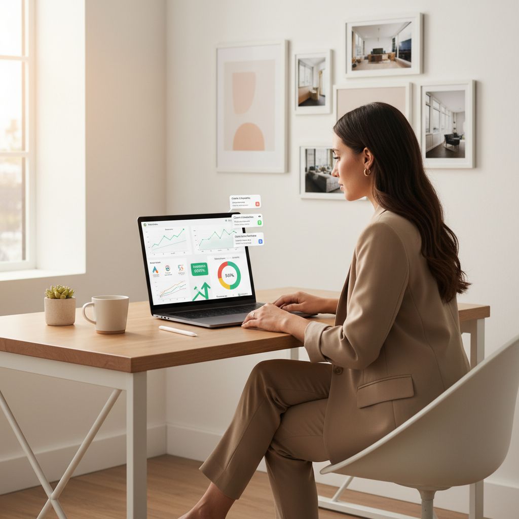 Interior designer reviewing analytics dashboard showing website traffic and client inquiries