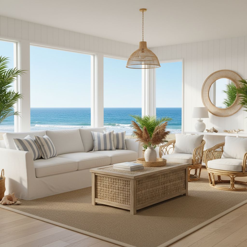 Beautiful coastal living room with white slipcovered sofa, blue striped pillows, natural wood coffee table, rattan accents, and large windows overlooking the ocean showcasing coastal interior design