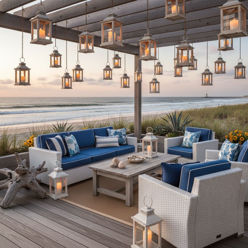 Coastal outdoor space with white furniture and blue cushions