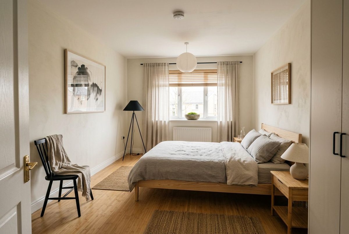 Japandi bedroom with warm whites, natural wood and calm, uncluttered styling