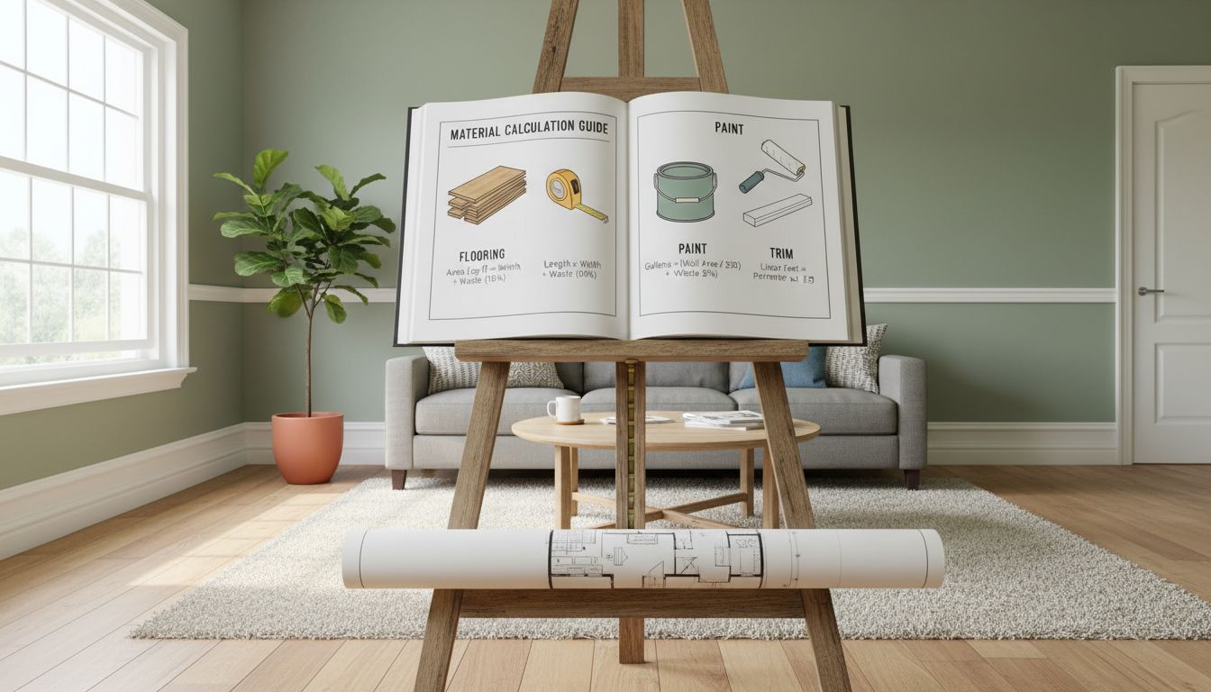 Material calculation guide showing flooring, paint, and trim calculations